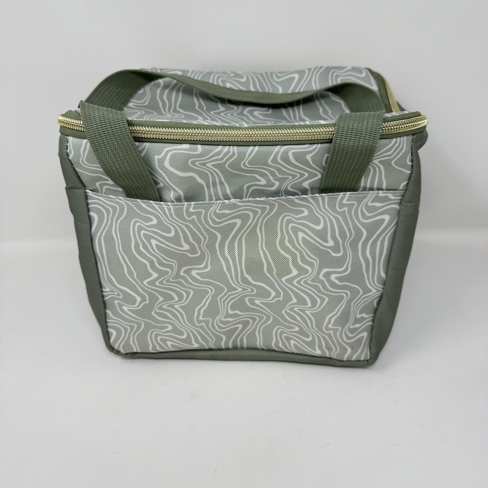 Insulated Lunch Bag Green Abstract Pattern Zipper‎ Top Tote Cooler Portable